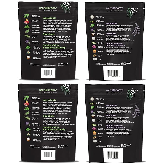 DAILY REMEDY 4-Pack - 2 Extra Strength Tea Tree Oil & 2 Calming Lavender Foot Soak Set - Made in USA - Soothes Sore Tired Feet, Athletes Foot, and Softens Calluses - 64 oz