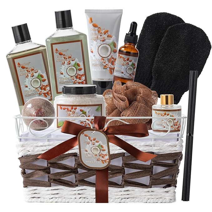 Fathers Day Gifts for Men for Dad Bath and Body Gift Basket For Women & Men Spa Gift Basket Coconut Almond 16 Pcs Bath Gift Set With Fragrant Lotion, Home Spa Luxurious Bath Body Oil, Diffuser & More