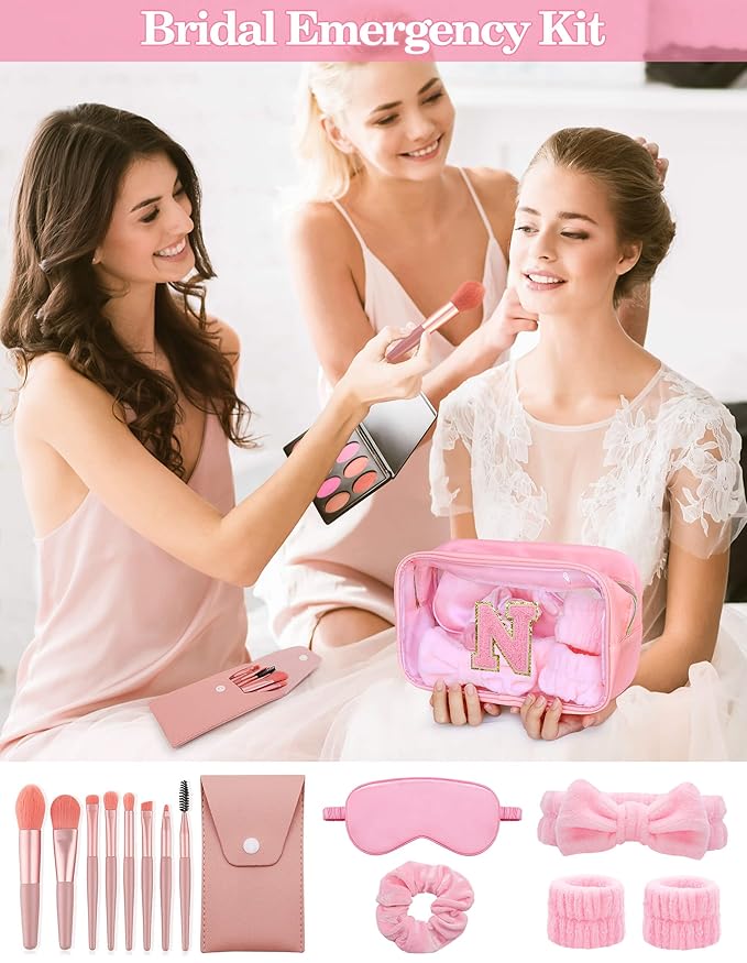 Gift Sets for Women, Initial Makeup Bag with Makeup Brush Set Bachelorette Party Favors, Pink Spa Kit with Skincare Headbands Wrist Bands Sleepover Party Supplies Gifts for Teen Girls Bridesmaid N