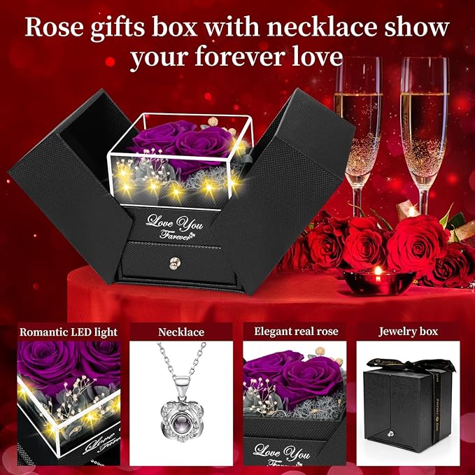 2 Preserved Real Rose with Heart I Love You Necklace- Eternal Rose Birthday Gifts for Women Wife Girlfriend Her Mom Grandma on Festivals Gifts Christmas Valentines Mothers Day Anniversary-Purple Roses