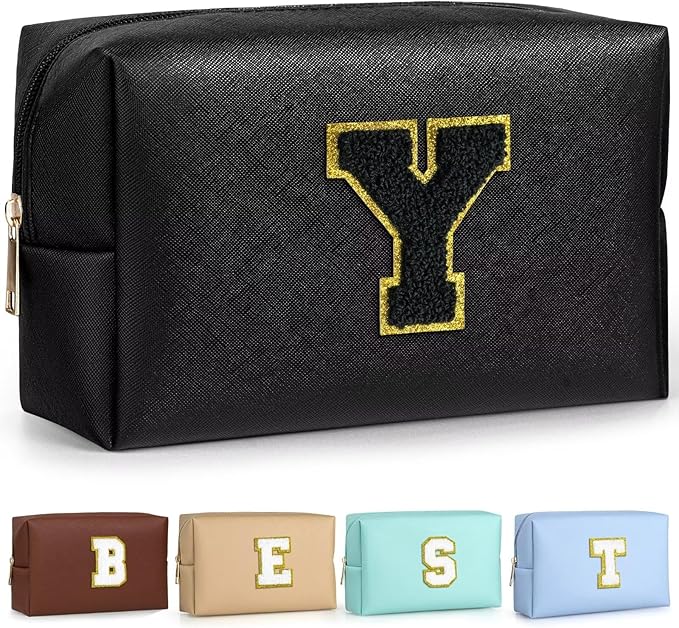 TOPEAST Preppy Makeup Bag, Small Cosmetic Travel Bags for Women, PU Leather Waterproof Toiletry Bag with Zipper, Personalized Birthday Gift for Women Girl, Preppy Gifts for Girl (Black Y)