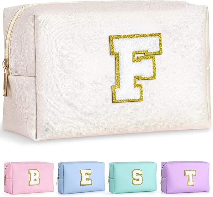 TOPEAST Preppy Makeup Bag, Small Cosmetic Travel Bags for Women, PU Leather Waterproof Toiletry Bag with Zipper, Personalized Birthday Gift for Women Girl, Preppy Gifts for Girl (White F)