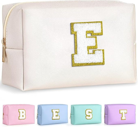 TOPEAST Monogrammed Gift for Women Girls, Personalized Initial Makeup Bags Cosmetic Bag with Zipper, Cute Makeup Pouch, PU Leather Waterproof Toiletry Bag, Preppy Gifts Stuff for Girl (White E)
