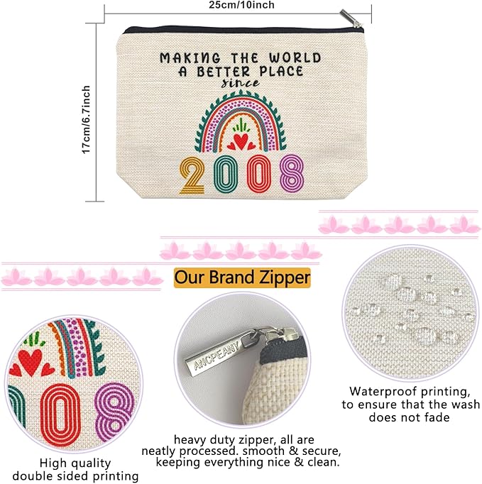 ancpeany 17th Birthday Decorations for Girls, Her, Teenage Girls, Sister, Daughter, Granddaughter, 2008 Funny 17 Year Old Girl Gift Ideas Makeup Bags, Cosmetic Travel Bag for 17th Birthday Gifts