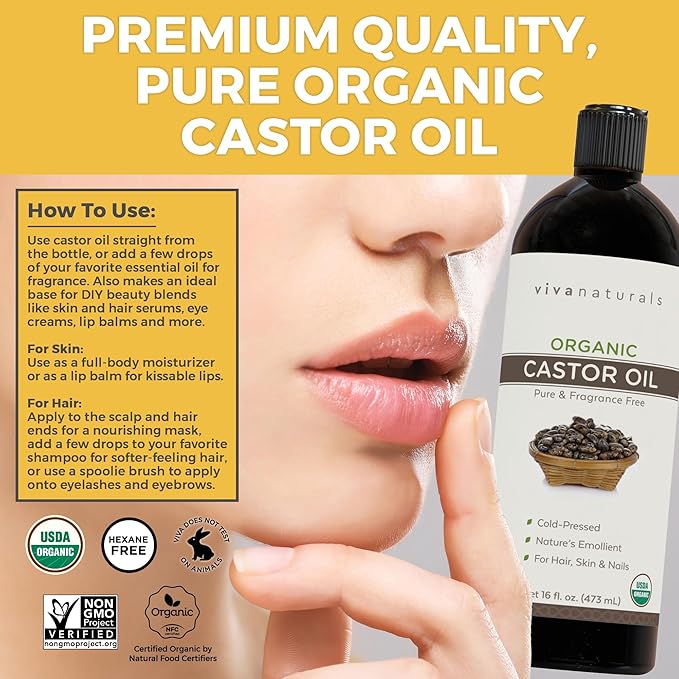 Viva Naturals Organic Castor Oil, Cold-Pressed, 16 fl oz – For Face, Hair, Eyelashes, USDA Organic, Non-GMO - With Beauty Kit