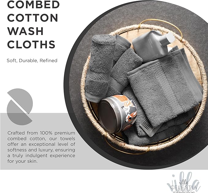 100% Cotton Wash Cloth for face & Body Set of 6, (12 x 12 inches) Sustainable, Soft, Highly Absorbent, Combed Cotton Wash Cloths Pack of 6 for Hotels, Spa, Bathroom, Dorm, Grey
