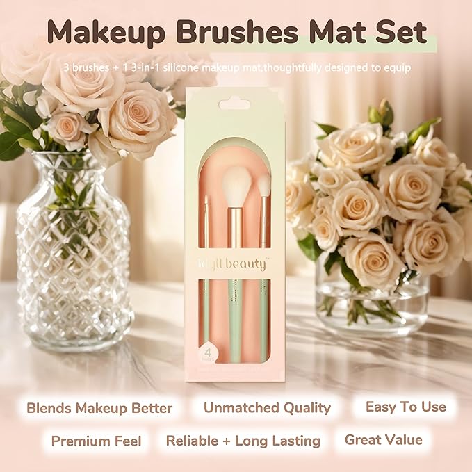Travel Makeup Brush Set, Portable Makeup Kit with Pad Easy Clean Vegan Brush Set, ON THE GO Cosmetic Brushes Tools 4 Pcs for Women