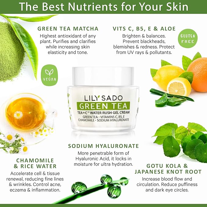 LILY SADO TEA+C Green Tea Water Rush Gel Moisturizer - Lightweight Vitamin C Anti-Wrinkle Moisturizing Lotion - Hydrates & Softens for Luscious, Radiant Skin. Perfect for Spring and Summer.