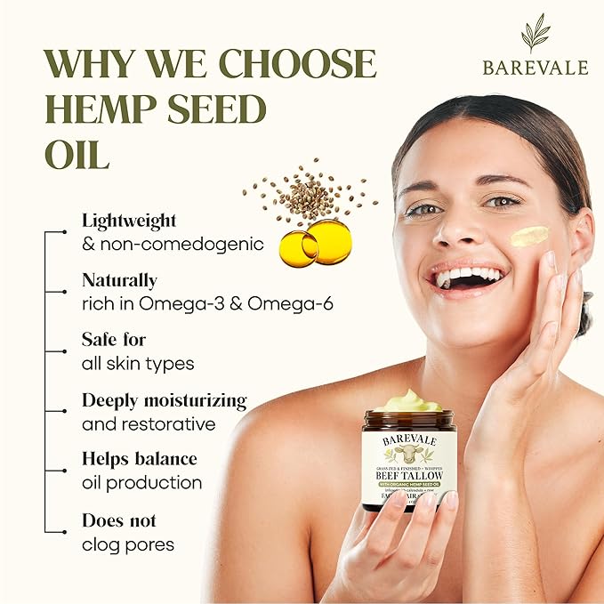 Grass-Fed Whipped Beef Tallow Balm with 100% Cold-Pressed Organic Hemp Seed Oil, Organic Calendula & Organic Rose, Pure Moisturizer for Sensitive Skin, Face, Hair & Body, 4-oz | Non-Toxic