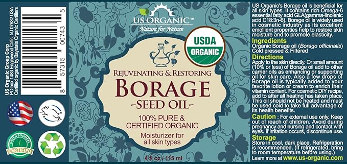 US Organic Borage seed Oil (18% GLA), USDA Certified Organic, 100% Pure & Natural, Cold Pressed, aka Starflower oil, in Amber Glass Bottle w/Eye dropper for Easy Application (4 oz (115 ml))