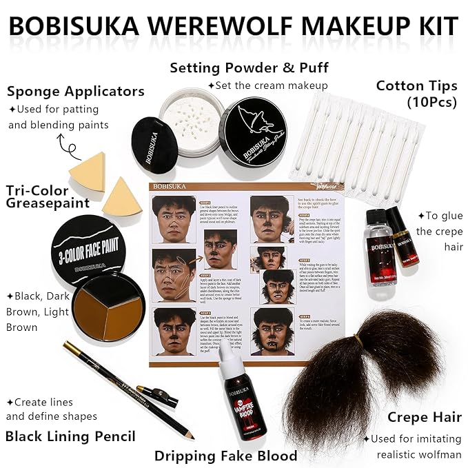 Halloween Werewolf Makeup Kit, Wolf-man SFX Make Up Kits Character Set with Face Paint, Crepe Hair & Fake Blood for Special Effects Costume Makeup, Theater, Cosplay & Party