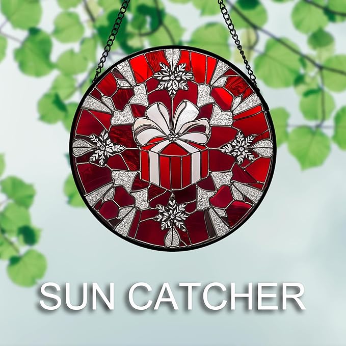 Stained Glass Window Hanging 4 Pcs Set Red Christmas Decorations Theme 7.8" - Suncatcher Door Garden Sun Catcher Decor Birthday for Mom Woman Nana Men Friend Wife