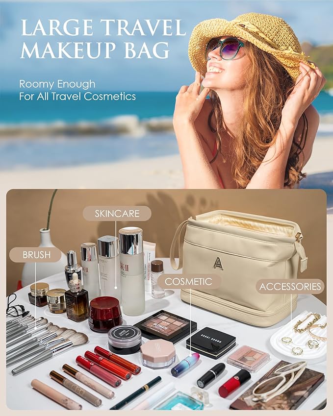 Bridesmaid Gift, Initial Makeup Bags, Personalized Double Layer Cosmetic Bag with Makeup Brush Organizer, Waterproof, Large Capacity PU Leather Travel Toiletry Bag