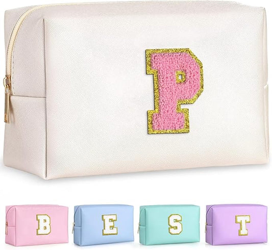 TOPEAST Personalized Makeup Bag, Chenille Letter Pouch Cosmetic Bag w Zipper, PU Leather Waterproof Toiletry Bag, Bridal Shower Gifts for Bridesmaids, Cute Stuff for Girls (Pearly White P)