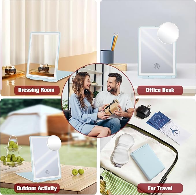 Travel Makeup Mirror with Light, Rechargeable Portable Folding Compact Mirror Set with Tweezer, Lighted Makeup Mirrors with 72 LED 3 Color Light Modes, Dimmable Touch Screen LED Mirrors-Cyan