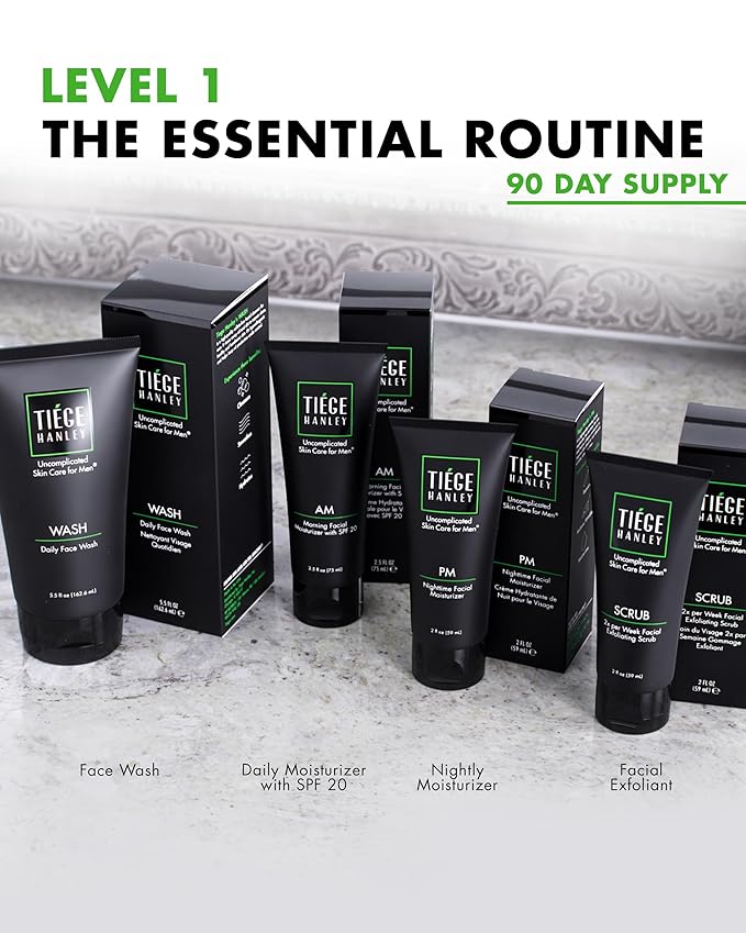 Tiege Hanley 90-Day Large Essential Skin Care Routine for Men (Level 1) - Smooth, hydrate, and protect your skin - Men's Skincare Set Includes Face Wash, Facial Scrub, & AM / PM Moisturizer's