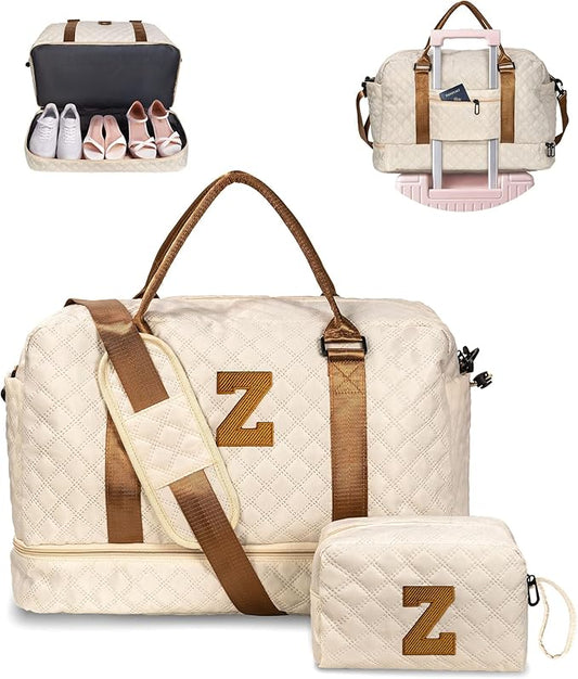 Initial Duffle Travel Bag, Personalized Weekender Bag with Shoulder Strap, Monogram Overnight Bag for Women Wet Pocket, Letter Travel Bag with Makeup Bag Gifts for family (Letter Z)