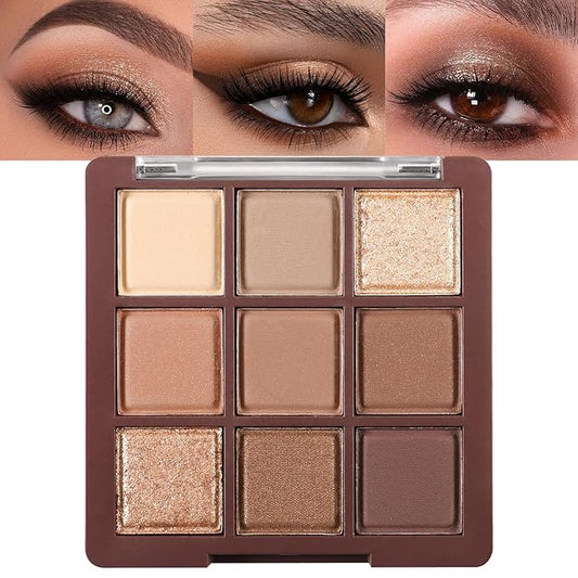 Erinde 9 Colors Eyeshadow Palette, Matte Shimmer Glitter Eye Shadow Palette Makeup, Highly Pigmented Long Lasting Waterproof, Natural Neutral Nude Eyeshadow Makeup Pallet, Chocolate Brown