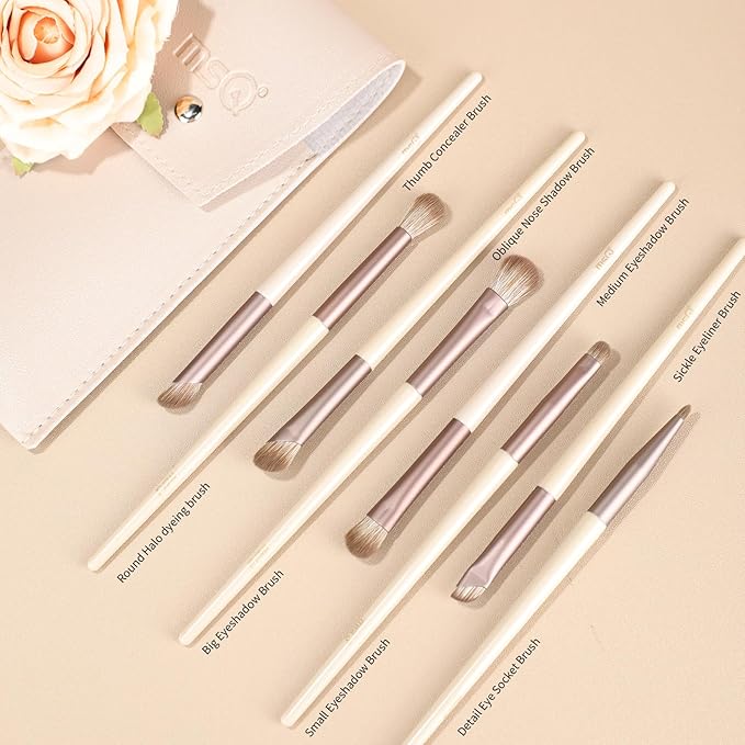 MSQ Eye Makeup Brushes 8pcs Eyeshadow Makeup Brushes Set with Bag Soft Synthetic Hairs for Eyeshadow, Eyeliner, Blending, Concealer, Nose Shadow (Khaki)