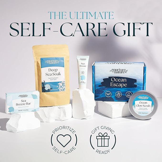 Nurture by Nature Ocean Escape Spa Gift Baskets for Women - 4 Piece Ocean Home Self Care Gift Set with Body Scrub, Bath Salts, Soap & Hand Cream - Pamper Gifts for Women Relax - Cruelty Free & Vegan