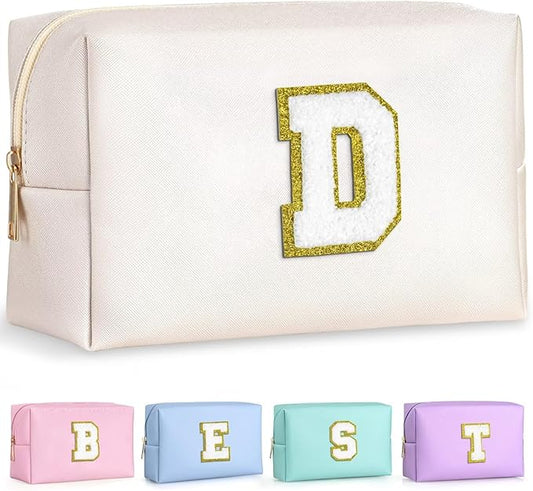 TOPEAST Preppy Small Makeup Bag, Chenille Letter Pouch Cosmetic Bag With Zipper, PU Leather Waterproof Toiletry Bag, Personalized Birthday Gift for Women, Cute Stuff for Girls (White D)