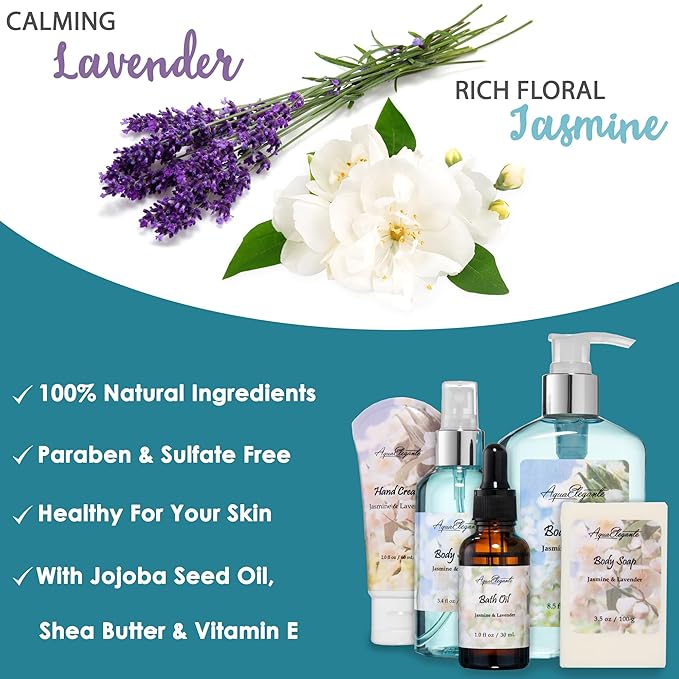 Bath Spa Gift Sets - Luxury Basket With Jasmine & Lavender - Kit With Body Wash, Bubble Baths, Lotion, Skin Butter, Soap, Towel in Premium Wooden Crate