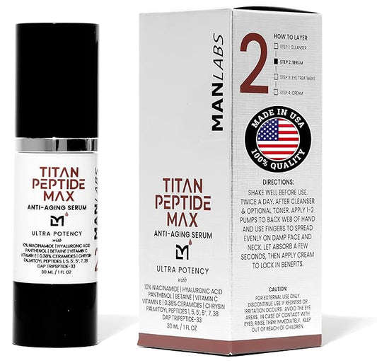 Titan MAX Anti-Aging Peptides Serum for Face – Ultra Potency Mens Peptide Serum Moisturizer – Mens Skin Care – Men, Dark Spots, Wrinkles, Fine Lines – Peptides, 10% Niacinamide, HA –Unscented