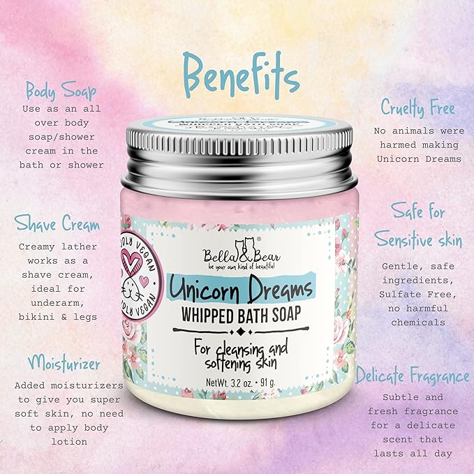 Bella & Bear Unicorn Dreams Whipped Bath Soap - Travel Size 3.2oz mango & pineapple with a hint of vanilla