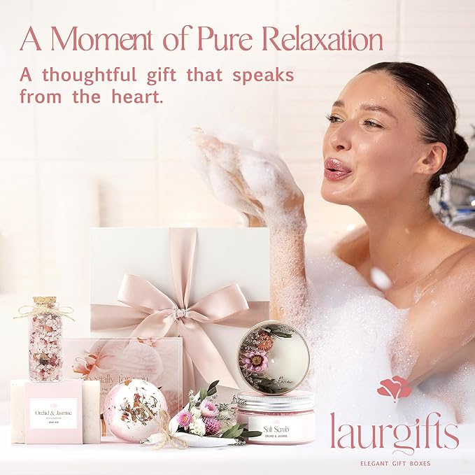 Orchid & Jasmine Spa Box for Women – Birthday & Pink Gifts, Self Care & Relaxation Set with Candle, Soap & Bath Salts – Elegant Ready-to-Give Package for Mom, Sister, or Friend