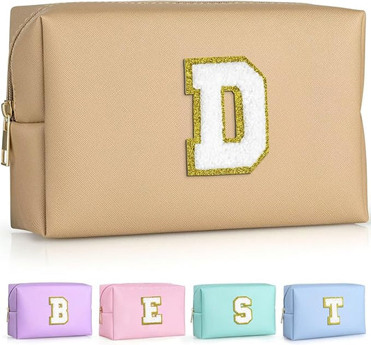 TOPEAST Preppy Small Makeup Bag, Chenille Letter Pouch Cosmetic Bag With Zipper, PU Leather Waterproof Toiletry Bag, Personalized Birthday Gift for Women, Cute Stuff for Girls (Khaki D)