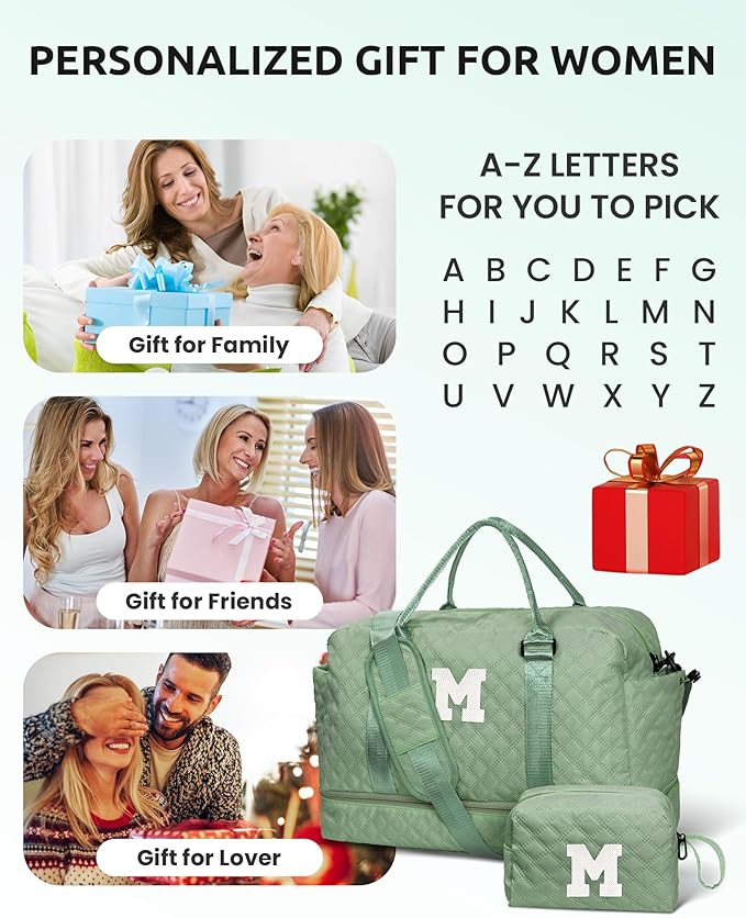 Gifts for College Girls-Initial Travel Bag with Shoe Compartment, Girl Personalized Weekender Bag, Monogram Overnight Bag for Women, Letter Travel Bag with Makeup Bag (Letter W)