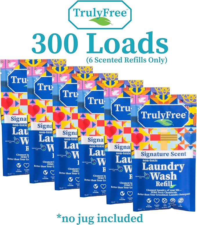 Truly Free Natural Laundry Detergent for Sensitive Skin | Eco Friendly, Plant Based, Baby Clothes Safe | Clean & Easy Powder to Liquid, 6 Pack Refill Detergent, NO Jug | Signature Scent, 300 Loads