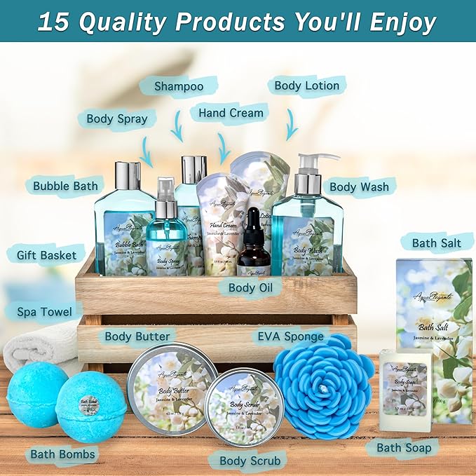 Bath Spa Gift Sets - Luxury Basket With Jasmine & Lavender - Spa Kit Includes Wash, Bubble Bath, Lotion, Bath Salts, Body Scrub, Body Spray, Shower Puff, Bathbombs, Soap and Towel