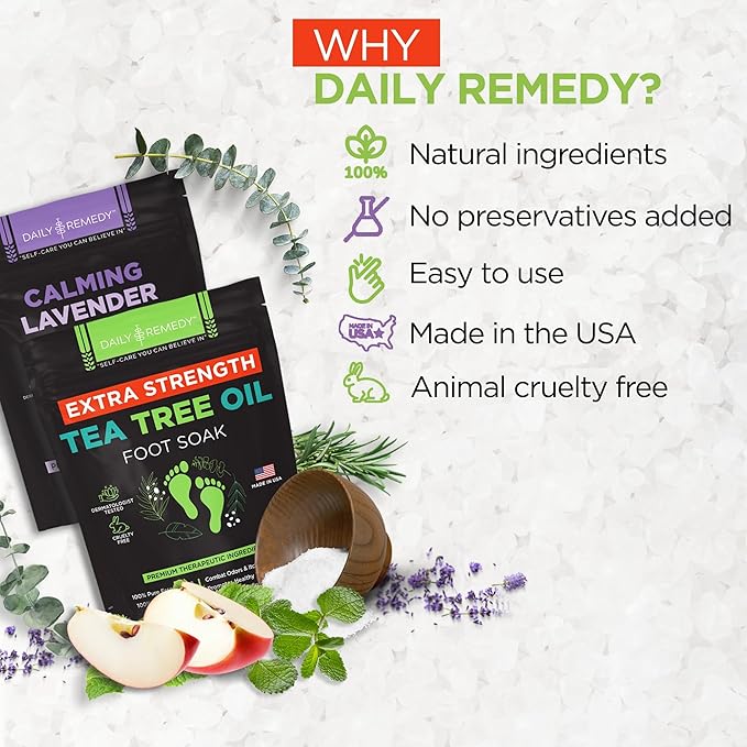 DAILY REMEDY 4-Pack - 2 Extra Strength Tea Tree Oil & 2 Calming Lavender Foot Soak Set - Made in USA - Soothes Sore Tired Feet, Athletes Foot, and Softens Calluses - 64 oz