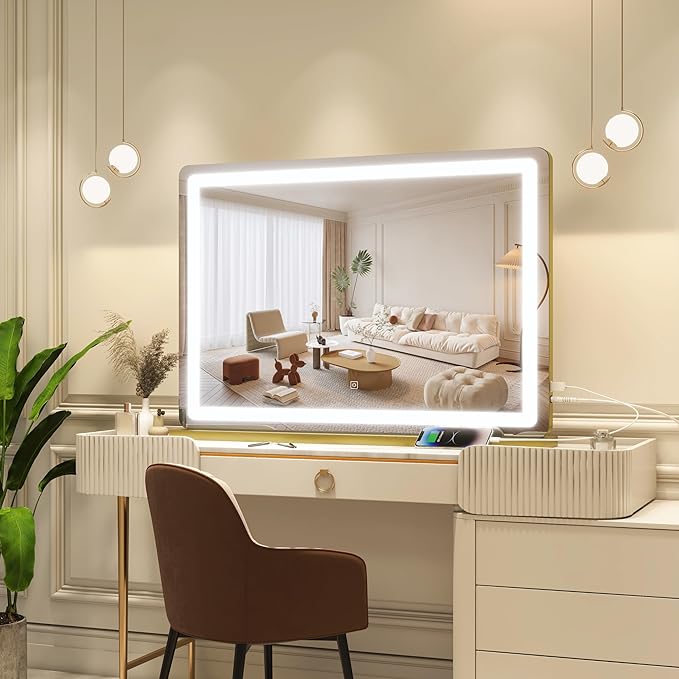 FENNIO Vanity Mirror with Lights 32"x22", Lighted Makeup Mirror, Large Vanity Mirror with Lights, Touch Sensor with 3 Color Lighting,USB Charging Port for Vanity Desk Tabletop（Gold）