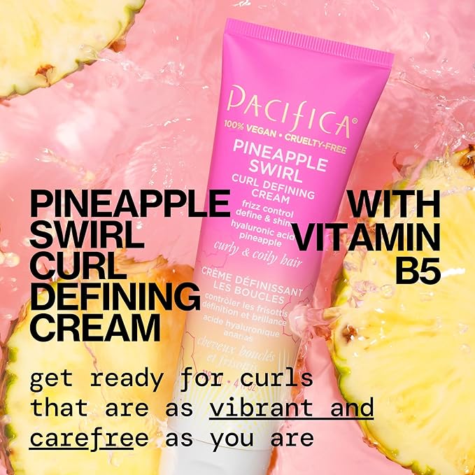 Pacifica Pineapple Swirl Curl Defining Cream – Curl Cream for Curly Hair, Curly Hair Products with Coconut Oil and Hyaluronic Acid, Styling for Bouncy Waves Without Crunch - 4 Oz