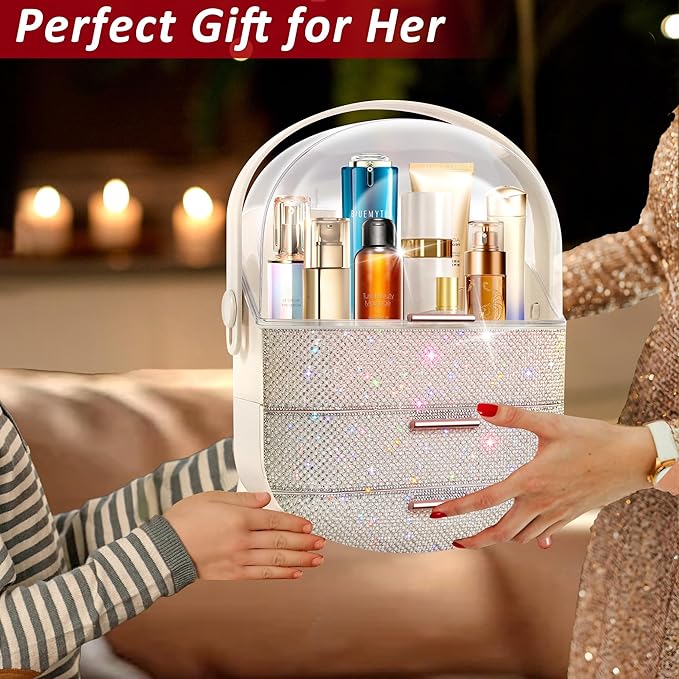 Bling Makeup Organizer for Teen Girl Gift,Hollywood Vanity Makeup Storage Box for Girl Birthday Gift,Practical Gift for Daughter,Bathroom Organizer,Skincare Organizer (Rhinestone White)