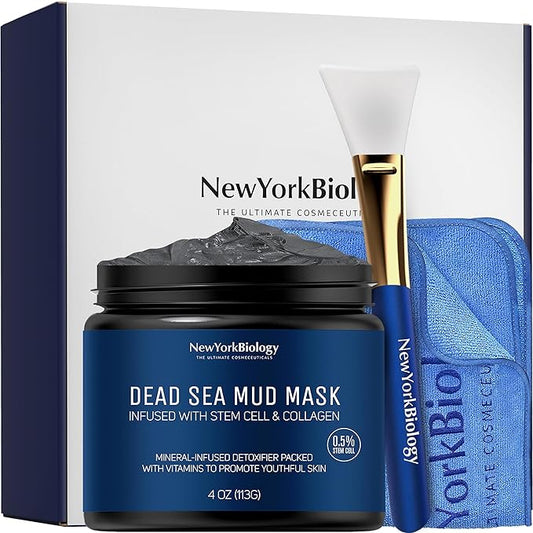 New York Biology Dead Sea Mud Mask for Face & Body | with Stem Cell and Collagen | Face Mask, Brush Applicator, Towel | Spa Quality Pore Refiner for Oily Skin | Natural Skincare for Women & Men | 4 oz