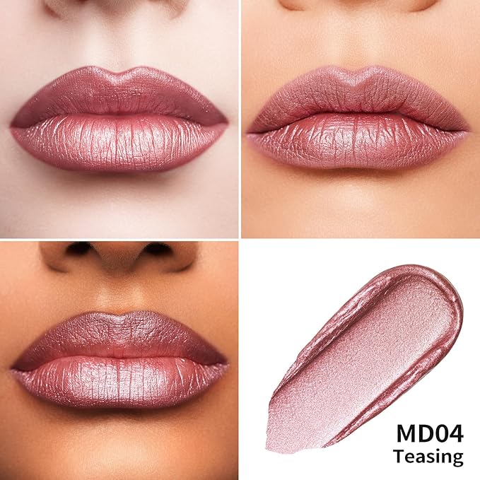 Oulac Pink Metallic Lipstick for Women, Rose Pink Lip Gloss, Lip & Eye 2 IN 1 Lip Makeup, Long Lasting Waterproof, High Impact Lip Color, Oil-Based Formula, Transfer Proof, Vegan MD04