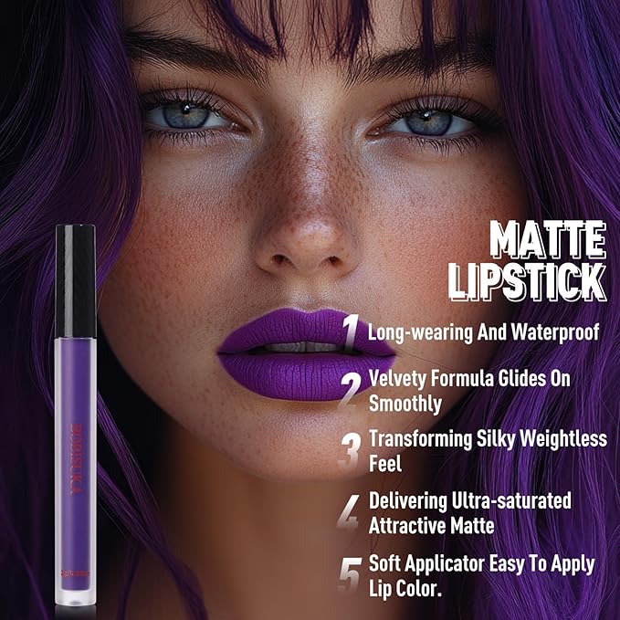 BOBISUKA Eyeshadow Makeup Palette + Matte Lipstick Kit, 6 Colors Purple Blue Pink Shimmer Matte Eye Shadow Pallet with Purple Liquid Lipgloss Set for Halloween, Costume, Cosplay, Witch, Ursula Makeup