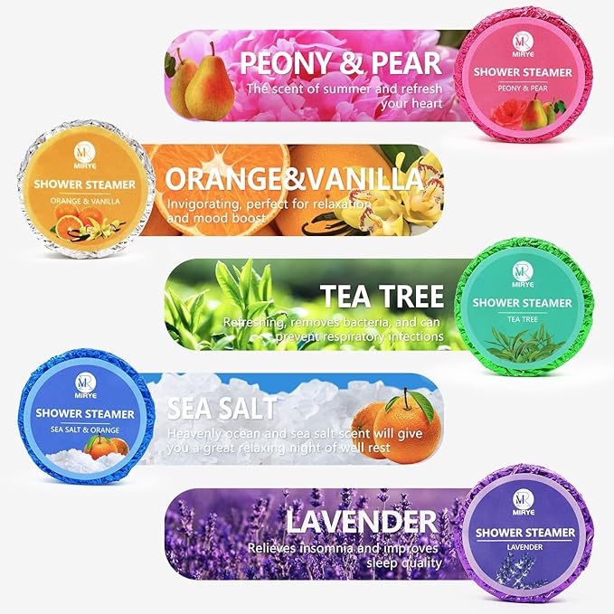 Shower Steamers Aromatherapy, Christmas Gifts for Women and Men, 20-Pack Organic Shower Bombs with Essential Oil, Tea Tree, Orange & Vanilla, Sea Salt, Lavender, Peony & Pear Bath Tablets