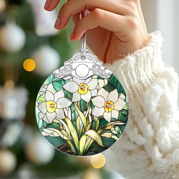 Christmas Ornaments: Stained Glass-Style December Birth Flower Ornament – Christmas Tree Decorations, Holiday Party Gifts, Mother's Day & Birthday Gifts for Women, Mom & Grandma | Birth Flower Gift