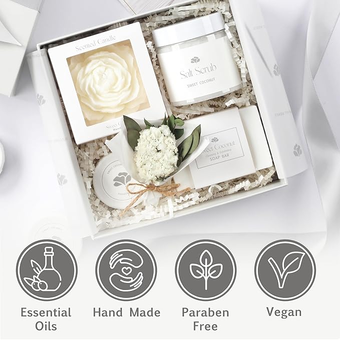 Sweet Coconut Spa Gift Set for Women – Relaxation Gift Basket with Candle, Soap, Salt Scrub & Shower Steamers – Unique Birthday, Bridal Shower, Thank You & Self Care Gifts