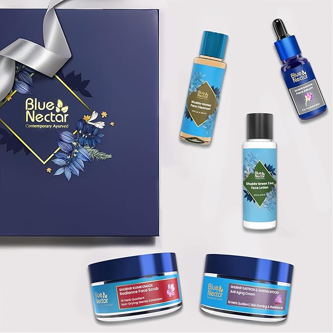 Premium Ayurvedic Beauty Gift Set for Women & Men | Blue Nectar Face Serum, Scrub, Face Wash, Cream & Lotion with Herbal Ingredients | Ideal Christmas Holidays Gift for Mom, Dad,Girlfriend & Coworkers