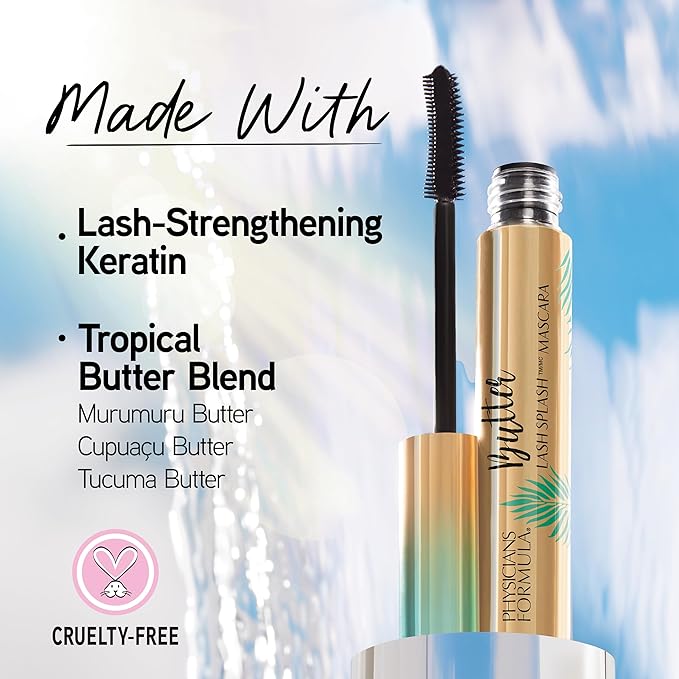 Physicians Formula Butter Lash Splash Waterproof Mascara, Buildable Formula with Murumuru Butter & Lash-Strengthening Keratin, Provides Full Volume, Lift, & Length, Cruelty-Free - Blackest Black