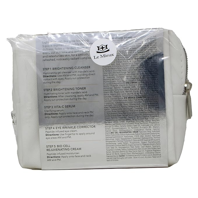 Le Mieux Beauty Essentials for Dull Skin - 5-Piece Skincare Set - Illuminating Cleanser & Toner, Vitamin C Serum, Eye Wrinkle Corrector and Bio Cell Rejuvenating Cream for Face