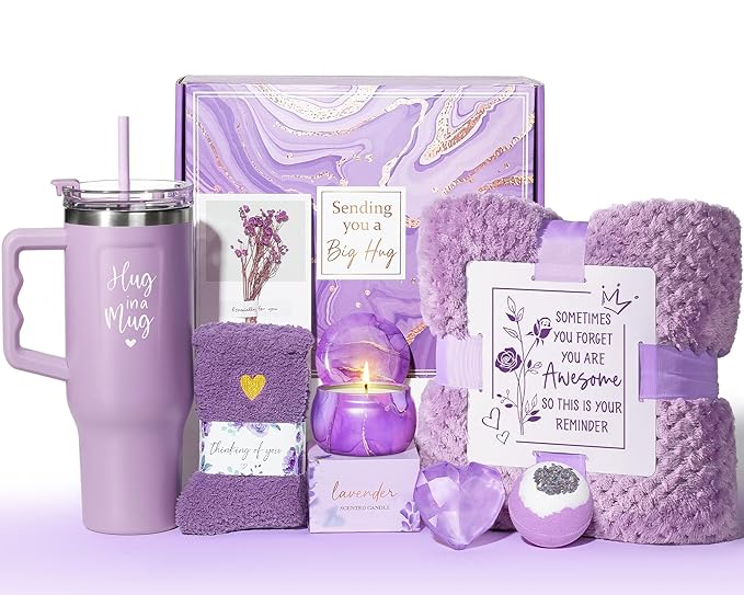 Birthday Gifts for Women Self Care Gifts Get Well Soon Gifts, Lavender Relaxing Spa Gifts Basket Care Package w/ Flannel Blanket 40 OZ Tumbler, Mothers Day Gifts for Mom Her Wife Friends Sister Wife