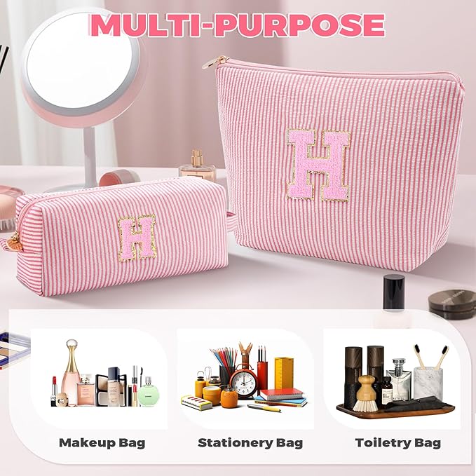 Monogrammed Gifts for Women - Cosmetic Bag for Teen,Initial Cute Makeup Bag Set for Women,Trendy Pouch for Niece Sister Friend Female Her,Birthday Gifts for Daughter - Peach,H
