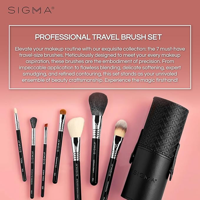 Sigma Beauty Makeup Brush Set – 7-Piece Travel Makeup Brushes for Flawless Application of Foundation Makeup, Blending, Contour, Eyeshadow & Brow Makeup – Compact & Stylish Carrying Case (8 pcs)