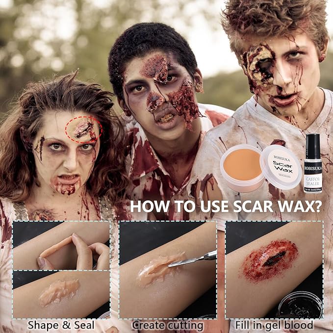 Halloween Zombie Makeup, Complete Zombie SFX Makeup Kit Set with Face Paint, Liquid Latex, Scar Wax & Fake Blood for Special Effects Make Up, Costume Cosplay Stage & Movie